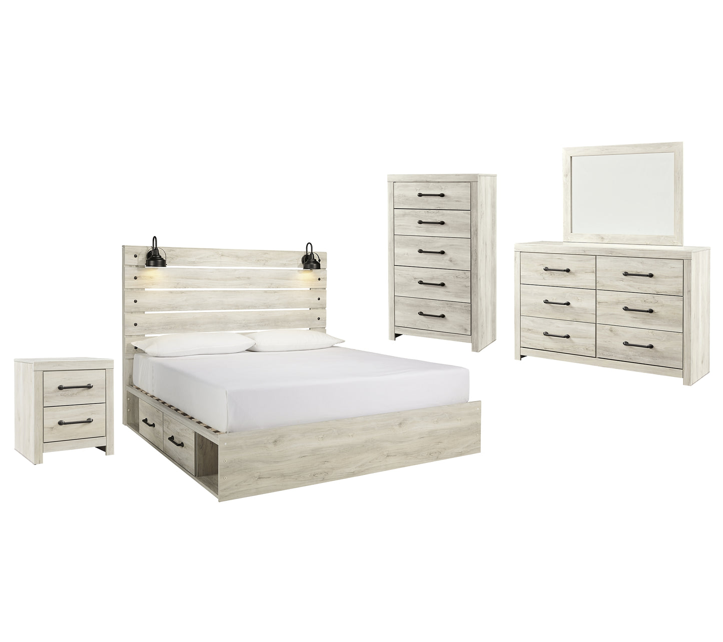 Cambeck King Panel Bed with 4 Storage Drawers with Mirrored Dresser, Chest and Nightstand