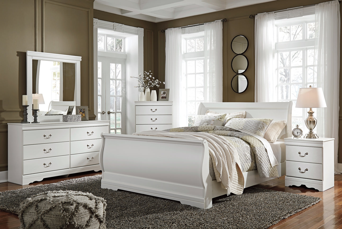 Anarasia Queen Sleigh Bed with Mirrored Dresser, Chest and Nightstand