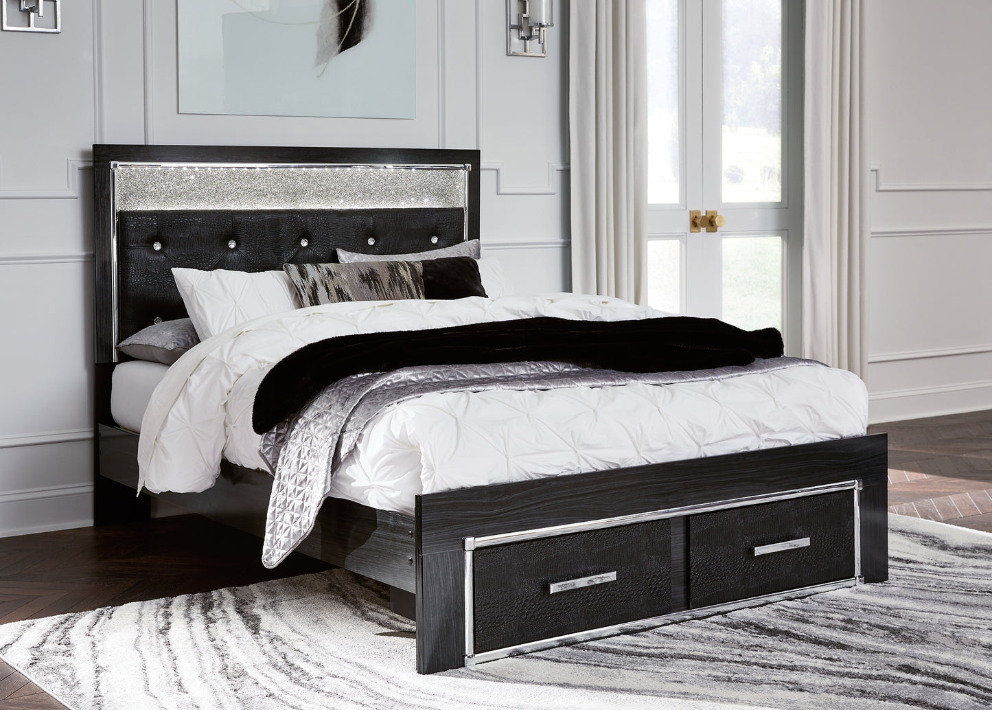 Kaydell Queen Upholstered Panel Storage Platform Bed with Mirrored Dresser