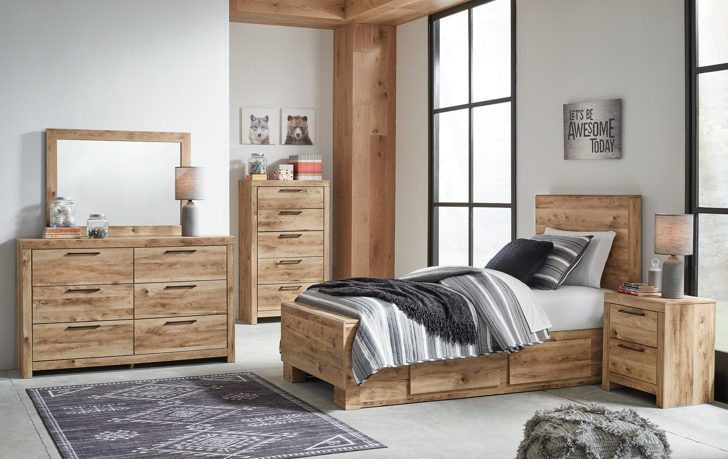 Hyanna Twin Panel Bed with Storage with Mirrored Dresser and Chest