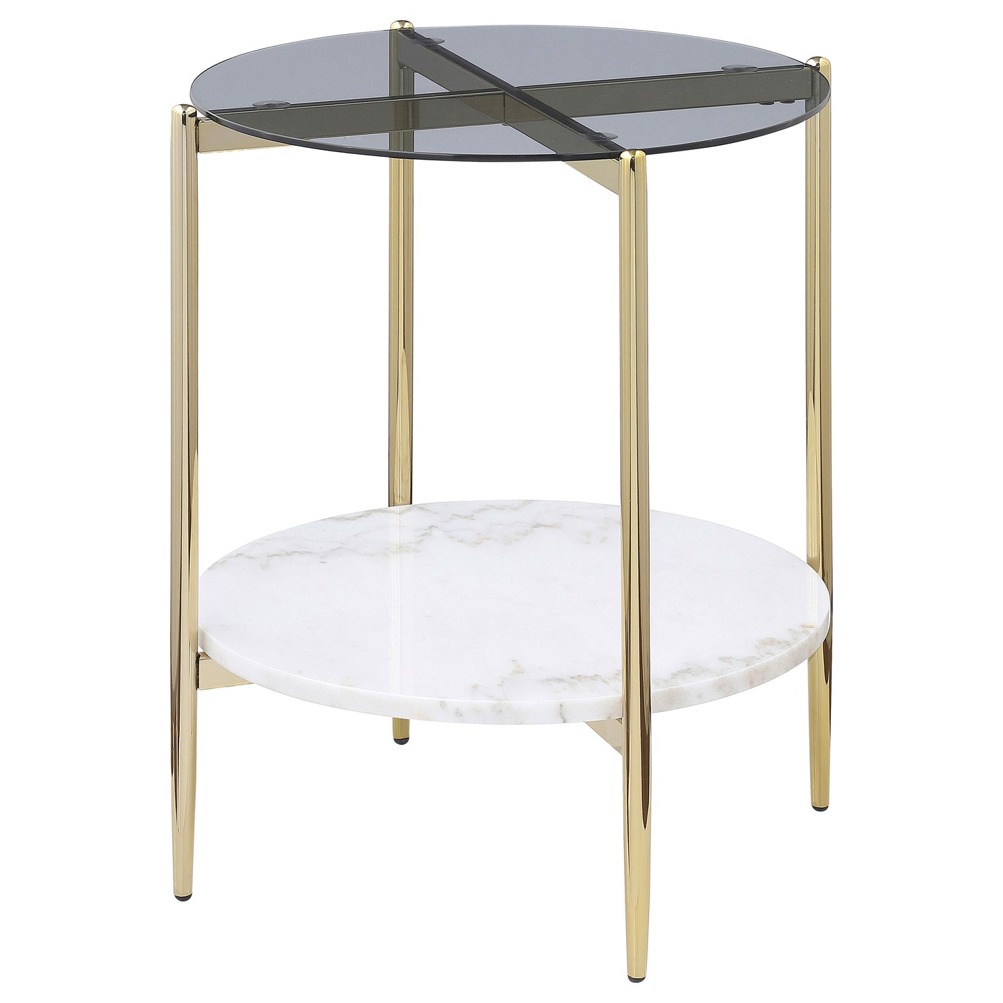 Jonelle Round Glass Top End Table White Marble Shelf Gold